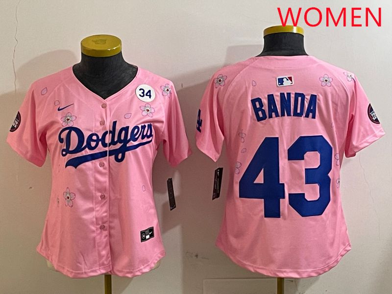 Women Los Angeles Dodgers #43 Banda Pink White Blue Sakura Edition 2025 Nike MLB Jersey style 8->women mlb jersey->Women Jersey